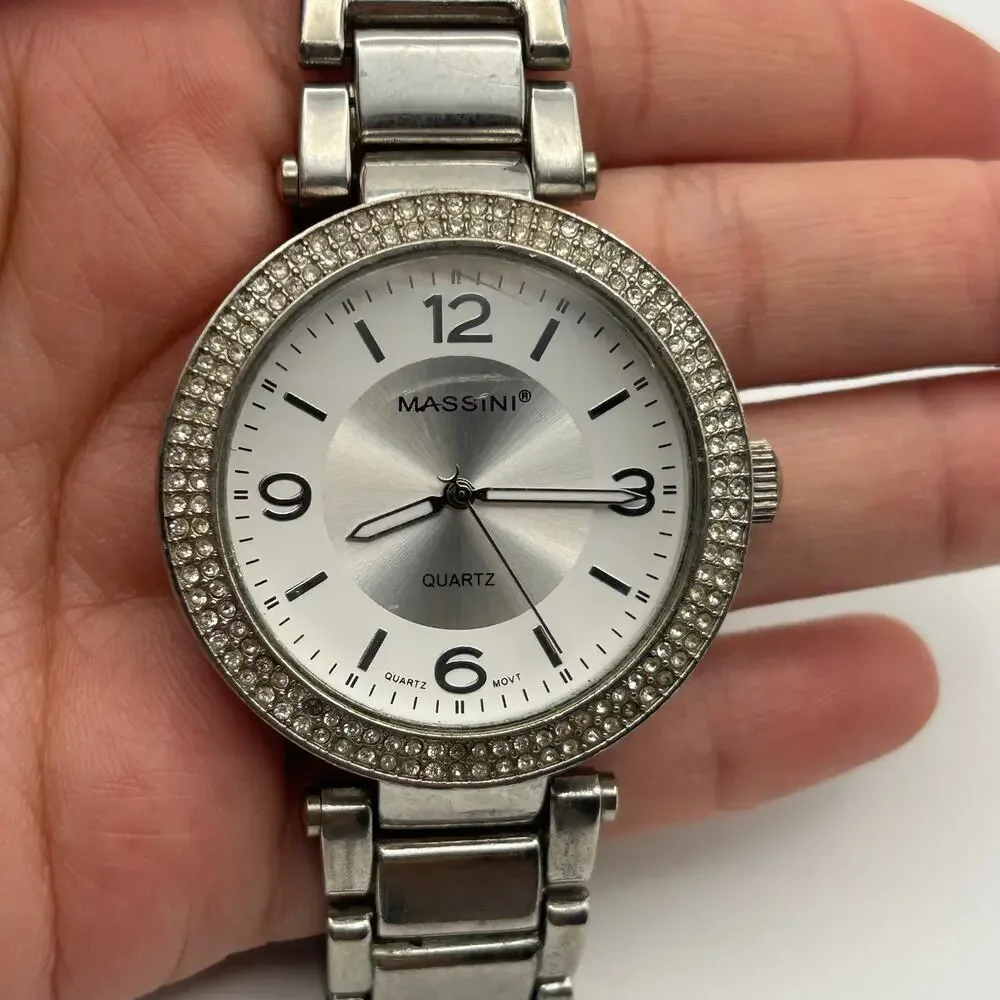Massini Silver-tone Crystal Bezel Quartz Watch Working New Battery
